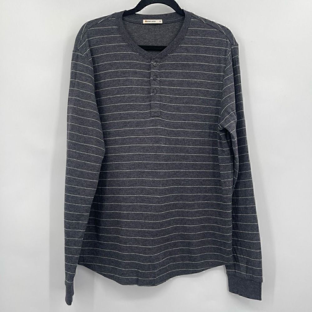 Marine Layer Gray White Stripe Cotton Blend Long Sleeve Henley T-Shirt Medium